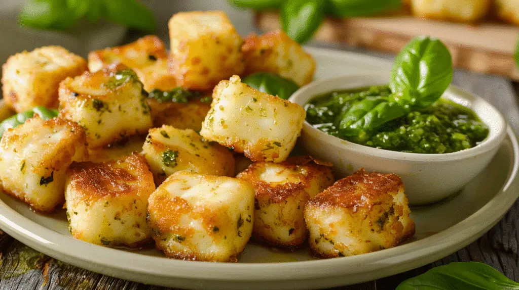 Crispy Halloumi Bites with Pesto Dip