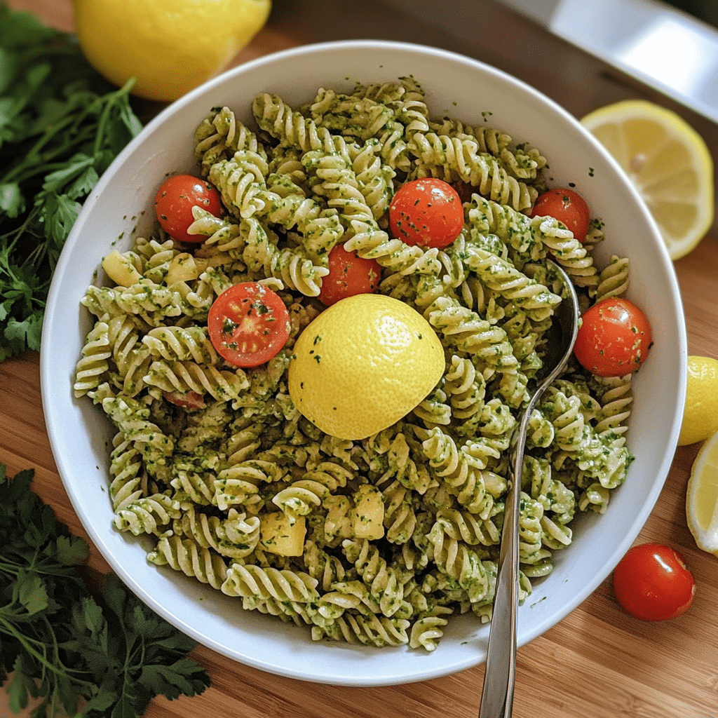 7 Irresistible Reasons Green Goddess Pasta Salad Is Your New Favorite Summer Dish 9 A bowl of green goddess pasta salad featuring tri-color rotini, creamy green dressing, fresh herbs, and vegetables, styled on a rustic kitchen counter in soft daylight.
